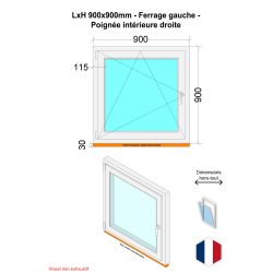 Fenêtre PVC - LxH 900x900 mm -Triple Vitrage - Bicolore blanc int/anthracite ext-poignée à droite