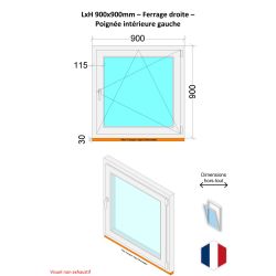 Fenêtre PVC - LxH 900x900 mm -Triple Vitrage - Bicolore blanc int/anthracite ext-poignée à gauche