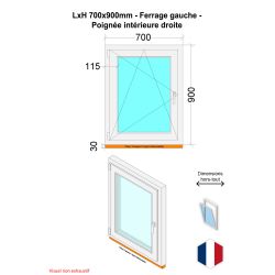 Fenêtre PVC - LxH 700x900 mm -Triple Vitrage - Bicolore blanc int/anthracite ext-poignée à droite