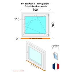 Fenêtre PVC - LxH 800x700 mm -Triple Vitrage - Bicolore blanc int/anthracite ext-poignée à gauche