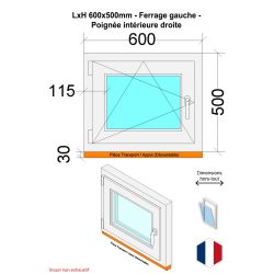 Fenêtre PVC - LxH 600x500 mm -Triple Vitrage - Bicolore blanc int/anthracite ext-poignée à droite