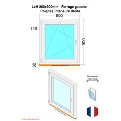 Fenêtre PVC - LxH 800x900 mm -Triple Vitrage - Blanc -poignée à droite