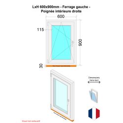 Fenêtre PVC - LxH 600x900 mm -Triple Vitrage - Blanc -poignée à droite
