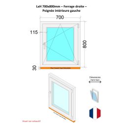 Fenêtre PVC - LxH 700x800 mm -Triple Vitrage - Blanc -poignée à gauche