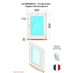 Fenêtre PVC - LxH 600x800 mm -Triple Vitrage - Blanc -poignée à gauche
