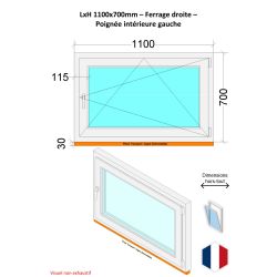 Fenêtre PVC - LxH 1100x700 mm -Triple Vitrage - Blanc -poignée à gauche