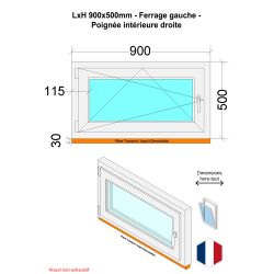Fenêtre PVC - LxH 900x500 mm -Triple Vitrage - Blanc -poignée à droite