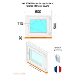 Fenêtre PVC - LxH 600x500 mm -Triple Vitrage - Blanc -poignée à gauche